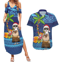 The Funny Santa Wears Sulu Christmas Couples Matching Summer Maxi Dress and Hawaiian Shirt Fijian Christmas Palm Tree With Masi Art Tattoo LT03 Blue - Polynesian Pride