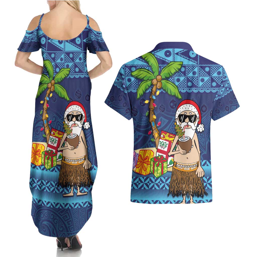 The Funny Santa Wears Sulu Christmas Couples Matching Summer Maxi Dress and Hawaiian Shirt Fijian Christmas Palm Tree With Masi Art Tattoo LT03 - Polynesian Pride