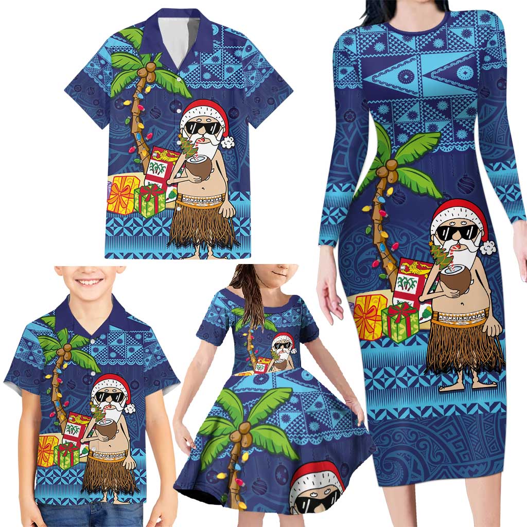The Funny Santa Wears Sulu Christmas Family Matching Long Sleeve Bodycon Dress and Hawaiian Shirt Fijian Christmas Palm Tree With Masi Art Tattoo LT03 - Polynesian Pride