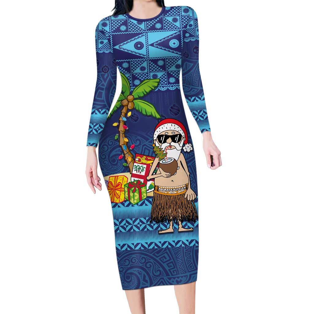 The Funny Santa Wears Sulu Christmas Family Matching Long Sleeve Bodycon Dress and Hawaiian Shirt Fijian Christmas Palm Tree With Masi Art Tattoo LT03 Mom's Dress Blue - Polynesian Pride