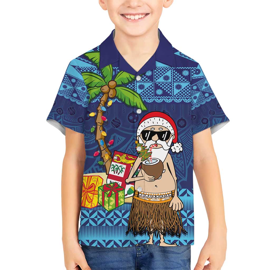 The Funny Santa Wears Sulu Christmas Family Matching Long Sleeve Bodycon Dress and Hawaiian Shirt Fijian Christmas Palm Tree With Masi Art Tattoo LT03 Son's Shirt Blue - Polynesian Pride