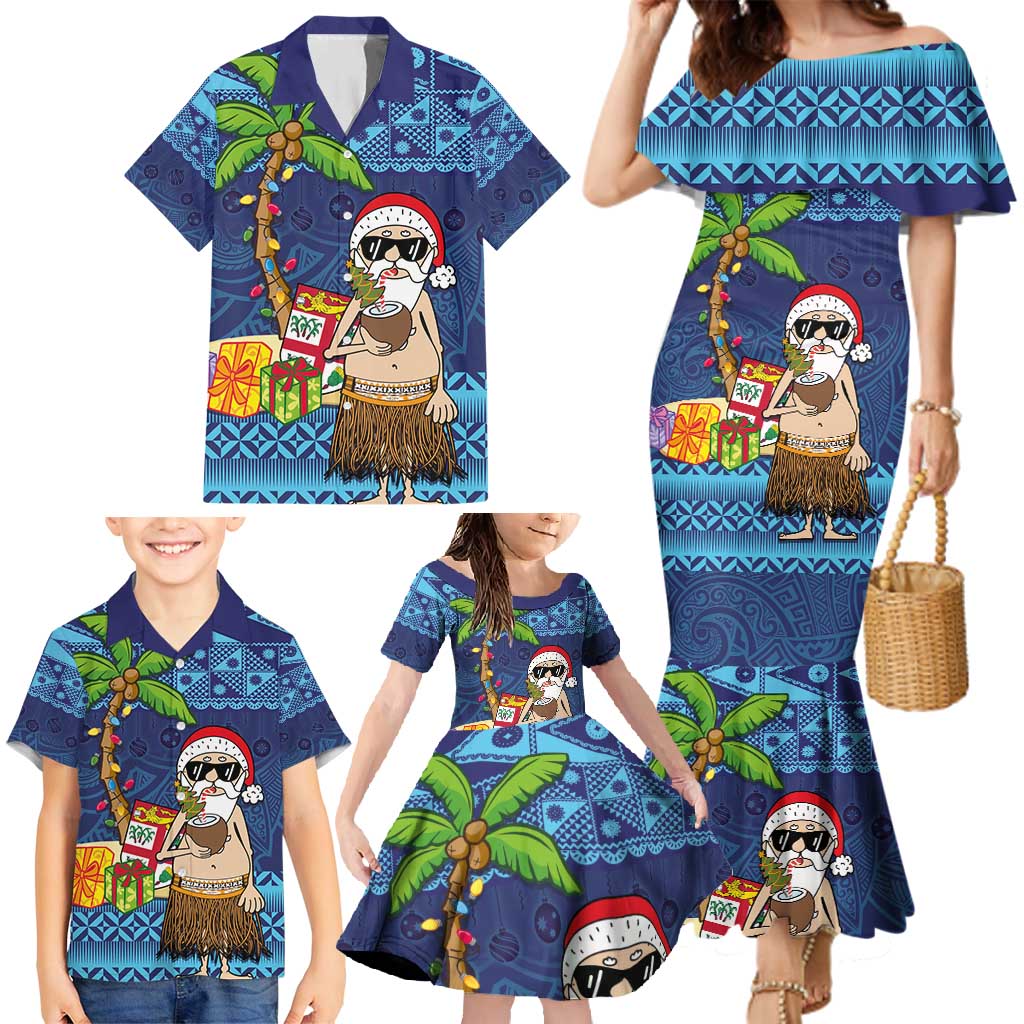 The Funny Santa Wears Sulu Christmas Family Matching Mermaid Dress and Hawaiian Shirt Fijian Christmas Palm Tree With Masi Art Tattoo LT03 - Polynesian Pride