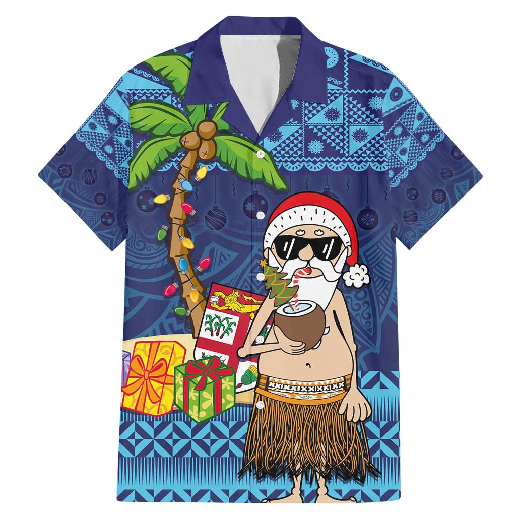 The Funny Santa Wears Sulu Christmas Family Matching Mermaid Dress and Hawaiian Shirt Fijian Christmas Palm Tree With Masi Art Tattoo LT03 Dad's Shirt - Short Sleeve Blue - Polynesian Pride