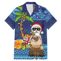 The Funny Santa Wears Sulu Christmas Family Matching Mermaid Dress and Hawaiian Shirt Fijian Christmas Palm Tree With Masi Art Tattoo LT03 Dad's Shirt - Short Sleeve Blue - Polynesian Pride