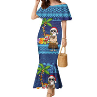 The Funny Santa Wears Sulu Christmas Family Matching Mermaid Dress and Hawaiian Shirt Fijian Christmas Palm Tree With Masi Art Tattoo LT03 Mom's Dress Blue - Polynesian Pride