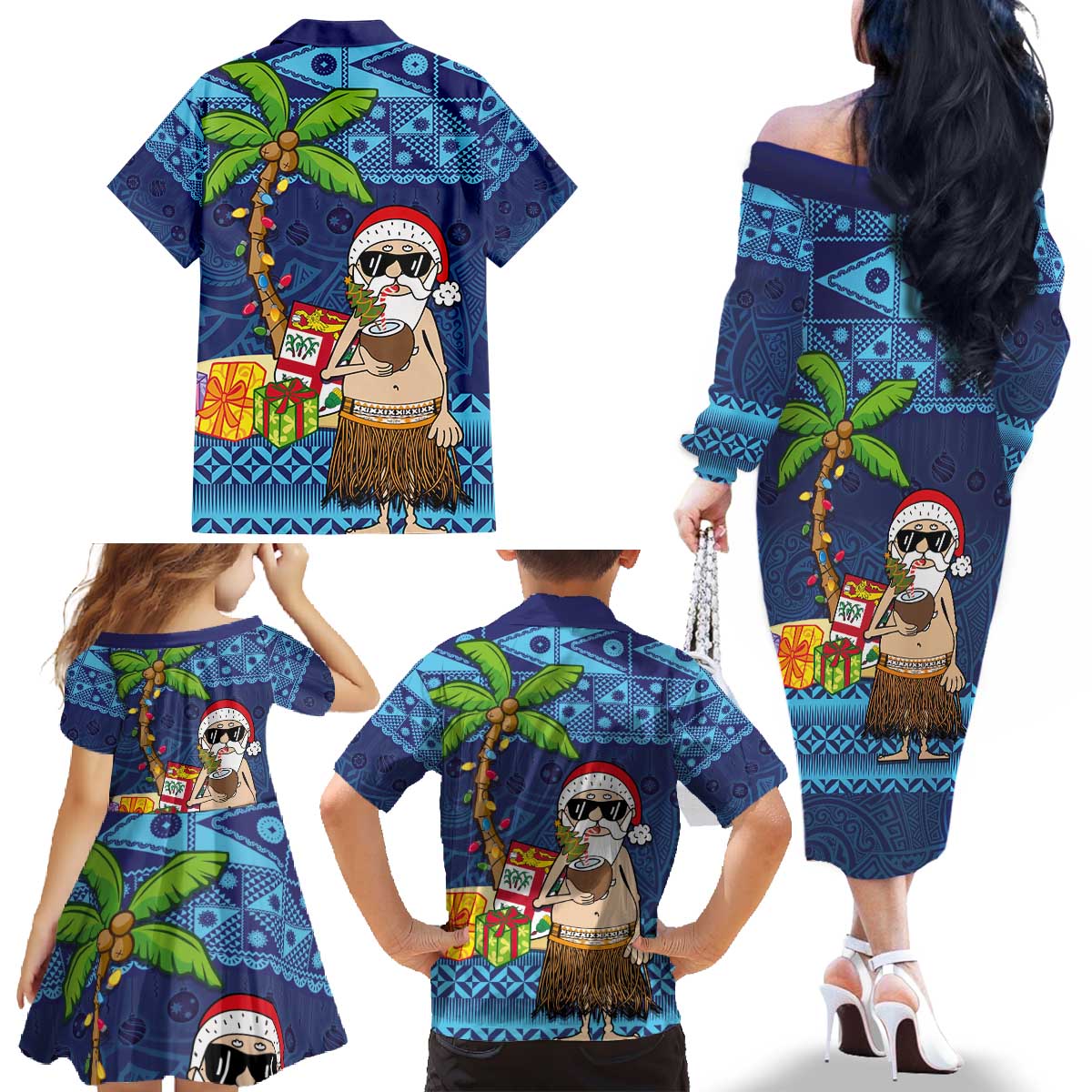 The Funny Santa Wears Sulu Christmas Family Matching Off The Shoulder Long Sleeve Dress and Hawaiian Shirt Fijian Christmas Palm Tree With Masi Art Tattoo LT03 - Polynesian Pride