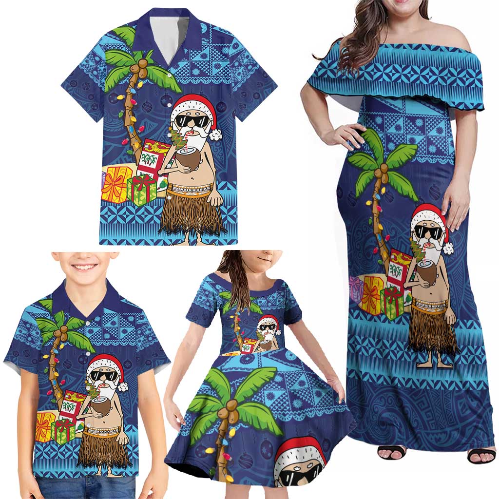 The Funny Santa Wears Sulu Christmas Family Matching Off Shoulder Maxi Dress and Hawaiian Shirt Fijian Christmas Palm Tree With Masi Art Tattoo LT03 - Polynesian Pride