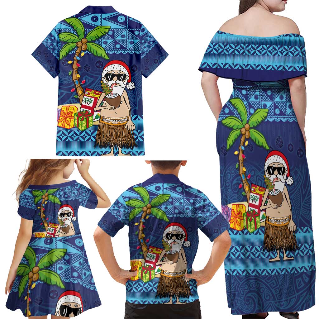 The Funny Santa Wears Sulu Christmas Family Matching Off Shoulder Maxi Dress and Hawaiian Shirt Fijian Christmas Palm Tree With Masi Art Tattoo LT03 - Polynesian Pride