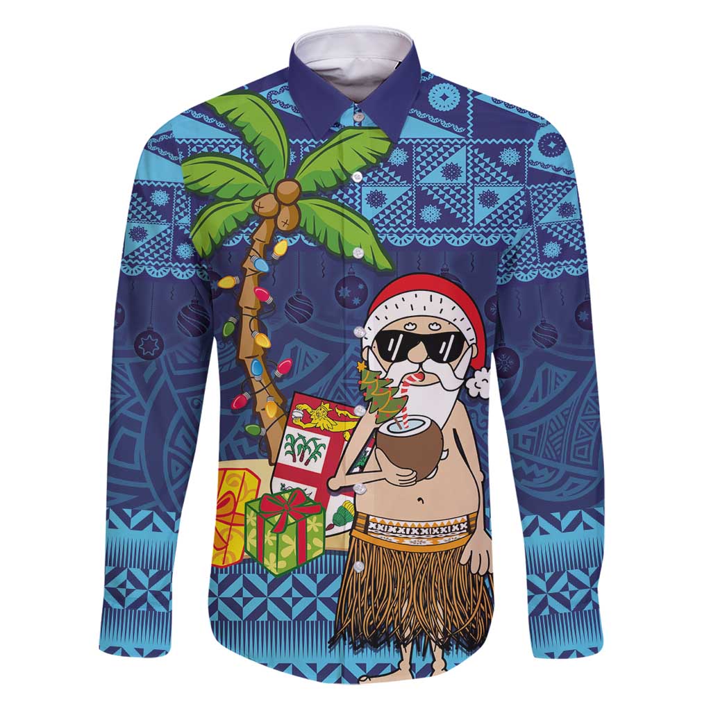 The Funny Santa Wears Sulu Christmas Family Matching Puletasi and Hawaiian Shirt Fijian Christmas Palm Tree With Masi Art Tattoo LT03 Dad's Shirt - Long Sleeve Blue - Polynesian Pride