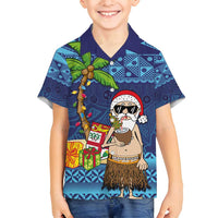 The Funny Santa Wears Sulu Christmas Family Matching Puletasi and Hawaiian Shirt Fijian Christmas Palm Tree With Masi Art Tattoo LT03 Son's Shirt Blue - Polynesian Pride