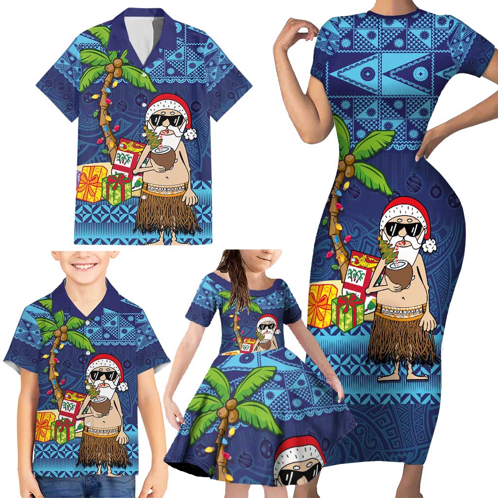 The Funny Santa Wears Sulu Christmas Family Matching Short Sleeve Bodycon Dress and Hawaiian Shirt Fijian Christmas Palm Tree With Masi Art Tattoo LT03 - Polynesian Pride
