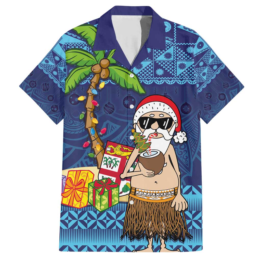 The Funny Santa Wears Sulu Christmas Family Matching Short Sleeve Bodycon Dress and Hawaiian Shirt Fijian Christmas Palm Tree With Masi Art Tattoo LT03 Dad's Shirt - Short Sleeve Blue - Polynesian Pride