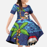 The Funny Santa Wears Sulu Christmas Family Matching Summer Maxi Dress and Hawaiian Shirt Fijian Christmas Palm Tree With Masi Art Tattoo LT03 Daughter's Dress Blue - Polynesian Pride