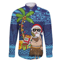 The Funny Santa Wears Sulu Christmas Family Matching Summer Maxi Dress and Hawaiian Shirt Fijian Christmas Palm Tree With Masi Art Tattoo LT03 Dad's Shirt - Long Sleeve Blue - Polynesian Pride