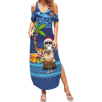 The Funny Santa Wears Sulu Christmas Family Matching Summer Maxi Dress and Hawaiian Shirt Fijian Christmas Palm Tree With Masi Art Tattoo LT03 Mom's Dress Blue - Polynesian Pride