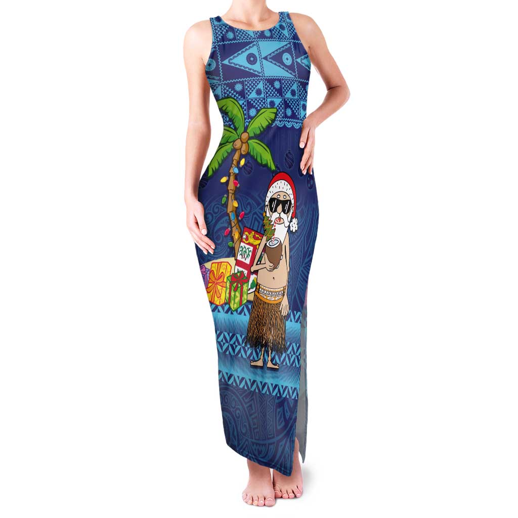 The Funny Santa Wears Sulu Christmas Family Matching Tank Maxi Dress and Hawaiian Shirt Fijian Christmas Palm Tree With Masi Art Tattoo LT03 Mom's Dress Blue - Polynesian Pride
