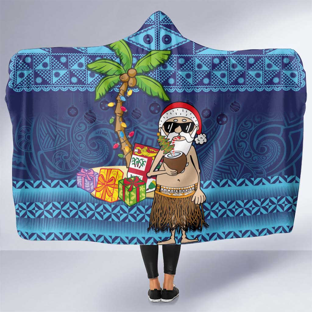 The Funny Santa Wears Sulu Christmas Hooded Blanket Fijian Christmas Palm Tree With Masi Art Tattoo LT03 One Size Blue - Polynesian Pride