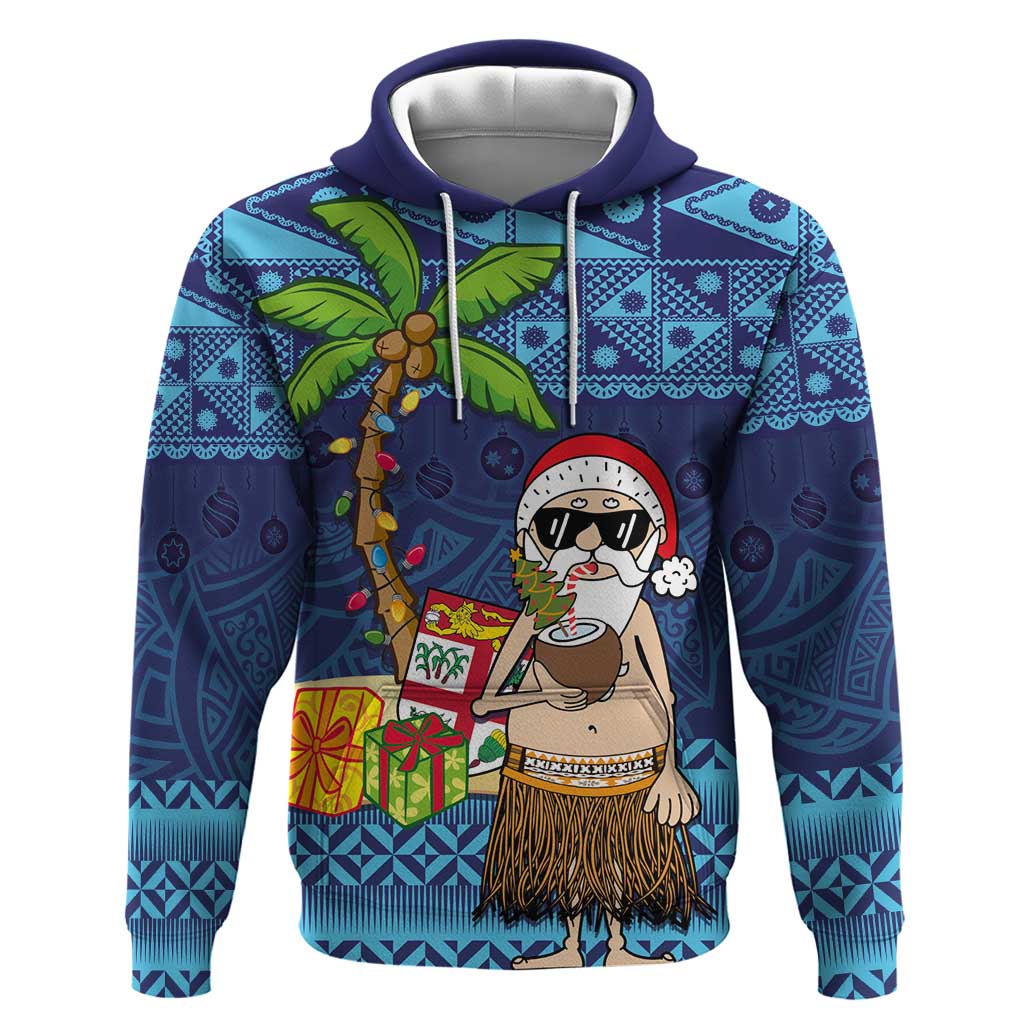The Funny Santa Wears Sulu Christmas Hoodie Fijian Christmas Palm Tree With Masi Art Tattoo LT03 Pullover Hoodie Blue - Polynesian Pride