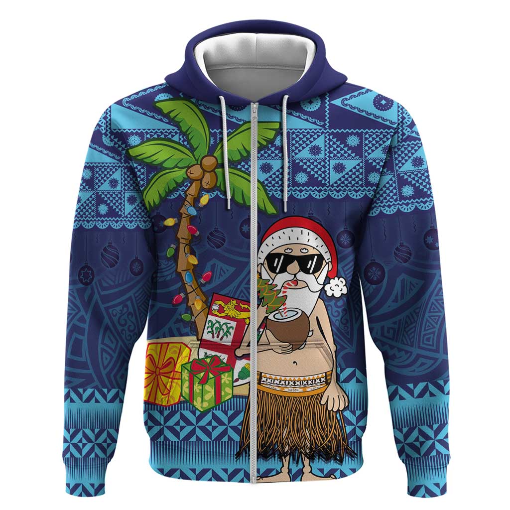 The Funny Santa Wears Sulu Christmas Hoodie Fijian Christmas Palm Tree With Masi Art Tattoo LT03 Zip Hoodie Blue - Polynesian Pride