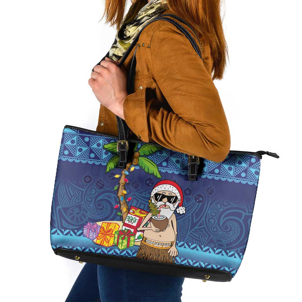 The Funny Santa Wears Sulu Christmas Leather Tote Bag Fijian Christmas Palm Tree With Masi Art Tattoo LT03 Blue - Polynesian Pride