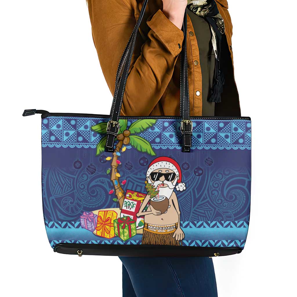 The Funny Santa Wears Sulu Christmas Leather Tote Bag Fijian Christmas Palm Tree With Masi Art Tattoo LT03 - Polynesian Pride