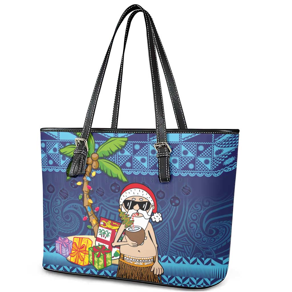 The Funny Santa Wears Sulu Christmas Leather Tote Bag Fijian Christmas Palm Tree With Masi Art Tattoo LT03 - Polynesian Pride