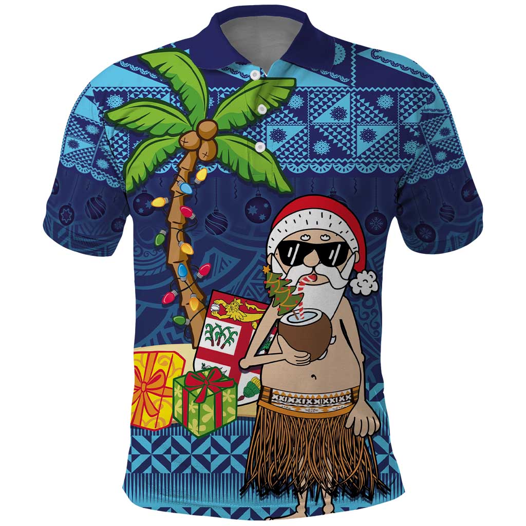 The Funny Santa Wears Sulu Christmas Polo Shirt Fijian Christmas Palm Tree With Masi Art Tattoo LT03 Blue - Polynesian Pride