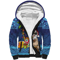 The Funny Santa Wears Sulu Christmas Sherpa Hoodie Fijian Christmas Palm Tree With Masi Art Tattoo LT03 Unisex Blue - Polynesian Pride