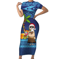 The Funny Santa Wears Sulu Christmas Short Sleeve Bodycon Dress Fijian Christmas Palm Tree With Masi Art Tattoo LT03 Long Dress Blue - Polynesian Pride