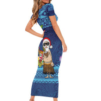 The Funny Santa Wears Sulu Christmas Short Sleeve Bodycon Dress Fijian Christmas Palm Tree With Masi Art Tattoo LT03 - Polynesian Pride