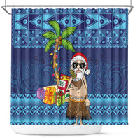 The Funny Santa Wears Sulu Christmas Shower Curtain Fijian Christmas Palm Tree With Masi Art Tattoo LT03 Blue - Polynesian Pride