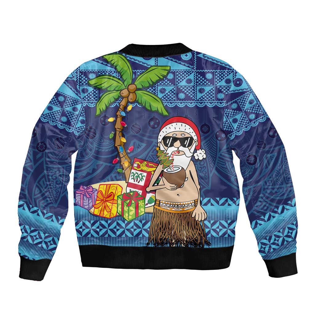 The Funny Santa Wears Sulu Christmas Sleeve Zip Bomber Jacket Fijian Christmas Palm Tree With Masi Art Tattoo