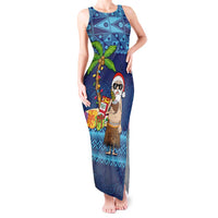 The Funny Santa Wears Sulu Christmas Tank Maxi Dress Fijian Christmas Palm Tree With Masi Art Tattoo LT03 Women Blue - Polynesian Pride