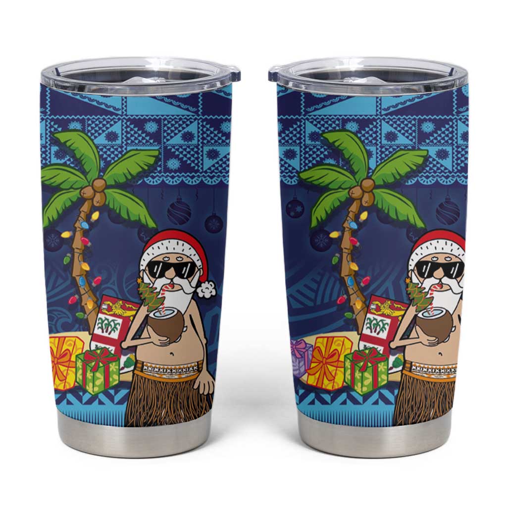The Funny Santa Wears Sulu Christmas Tumbler Cup Fijian Christmas Palm Tree With Masi Art Tattoo LT03 Blue - Polynesian Pride