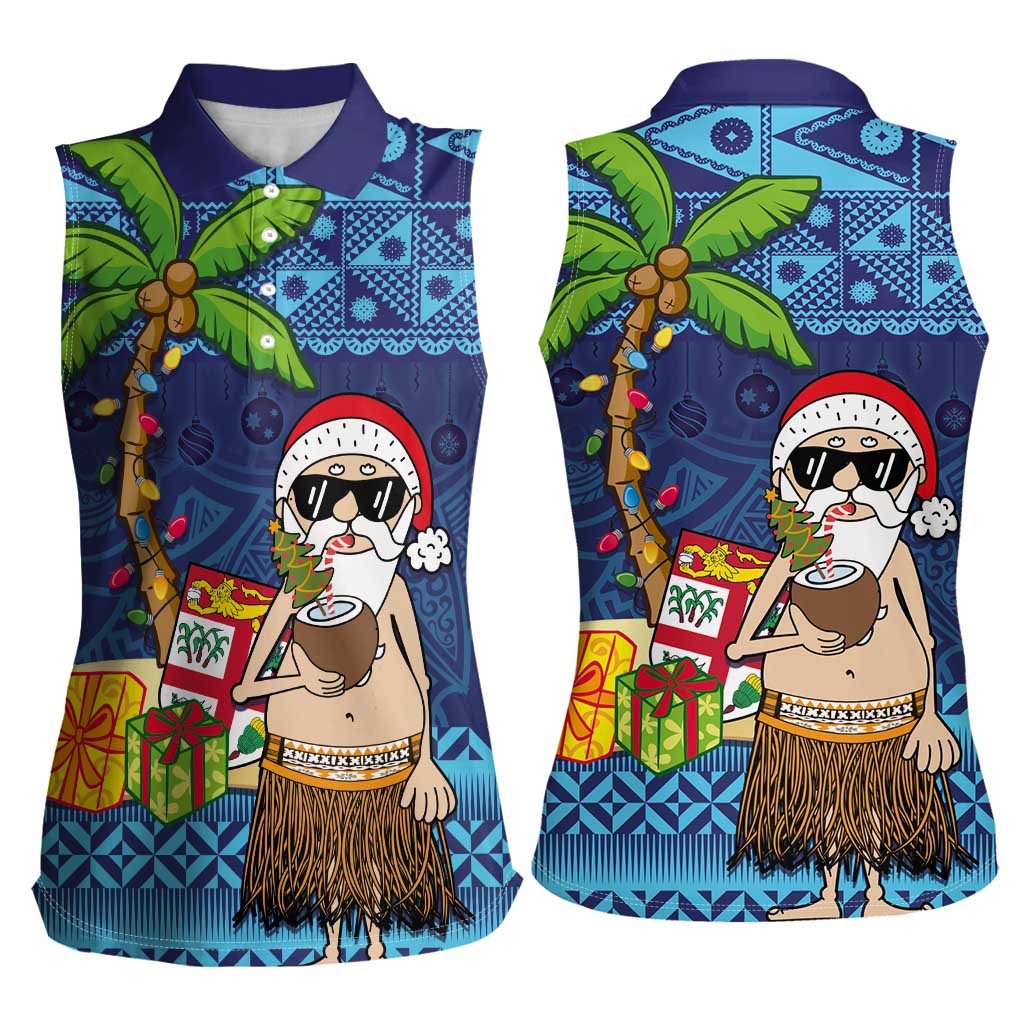 The Funny Santa Wears Sulu Christmas Women Sleeveless Polo Shirt Fijian Christmas Palm Tree With Masi Art Tattoo