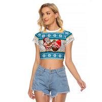 Hawaii Mele Kalikimaka Raglan Cropped T Shirt Funny Santa and Coconut Mix Kakau Pattern LT03 Female Blue - Polynesian Pride