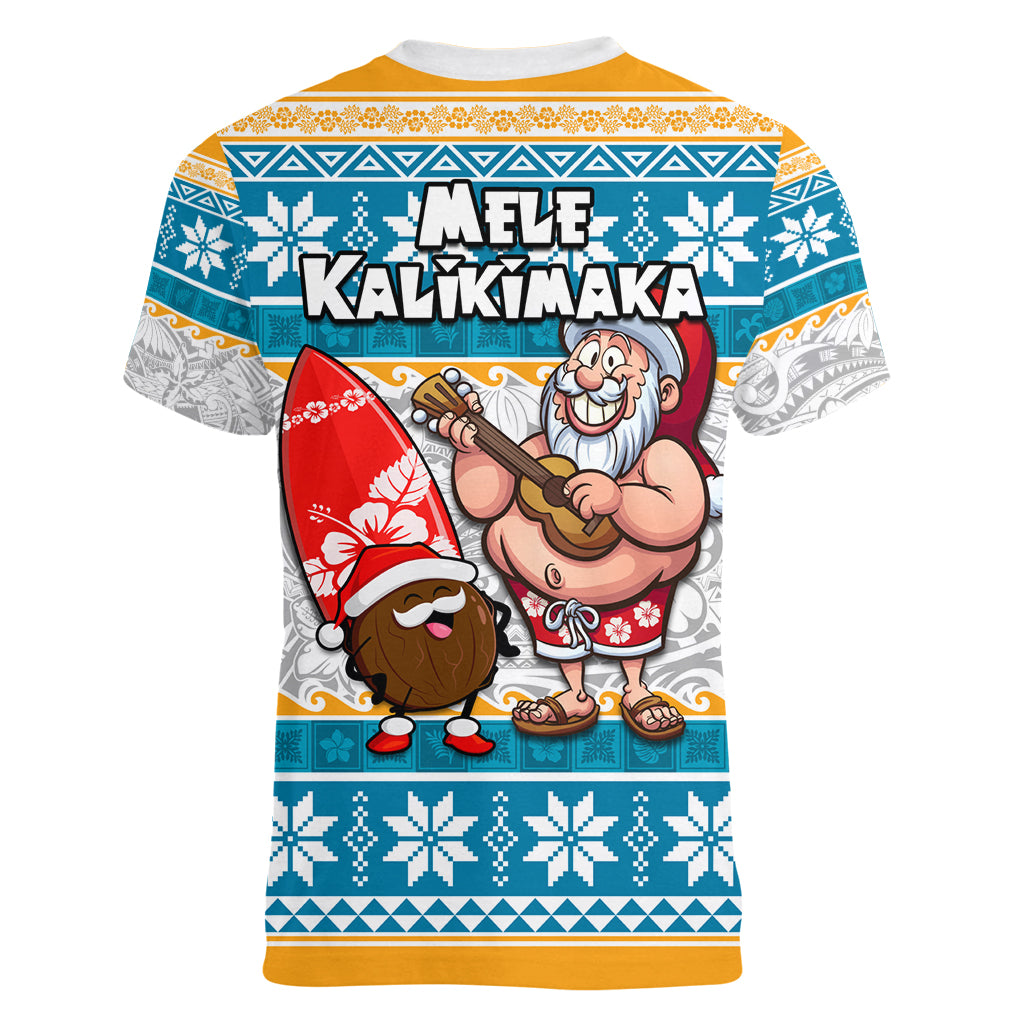 Hawaii Mele Kalikimaka Women V Neck T Shirt Funny Santa and Coconut Mix Kakau Pattern LT03 - Polynesian Pride