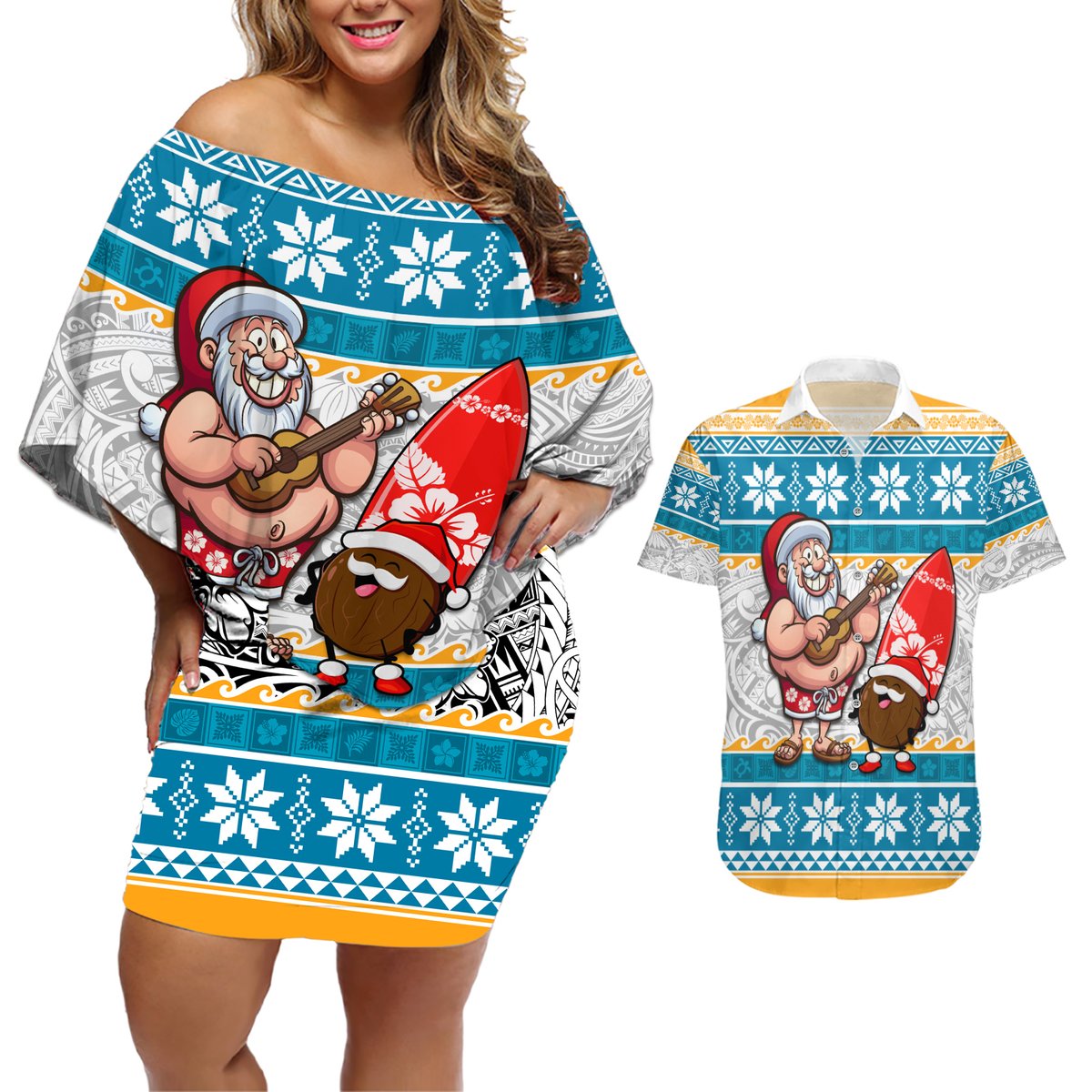 Custom Hawaii Mele Kalikimaka Couples Matching Off Shoulder Short Dress and Hawaiian Shirt Funny Santa and Coconut Mix Kakau Pattern LT03 Blue - Polynesian Pride