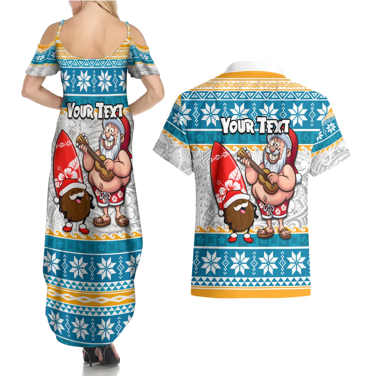 Custom Hawaii Mele Kalikimaka Couples Matching Summer Maxi Dress and Hawaiian Shirt Funny Santa and Coconut Mix Kakau Pattern LT03 - Polynesian Pride