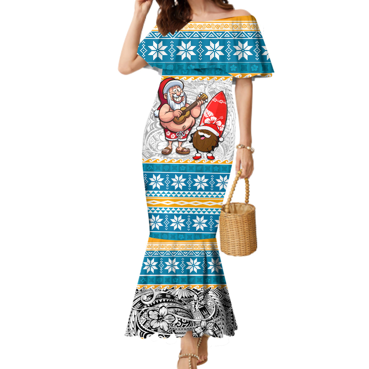 Custom Hawaii Mele Kalikimaka Family Matching Mermaid Dress and Hawaiian Shirt Funny Santa and Coconut Mix Kakau Pattern LT03 Mom's Dress Blue - Polynesian Pride
