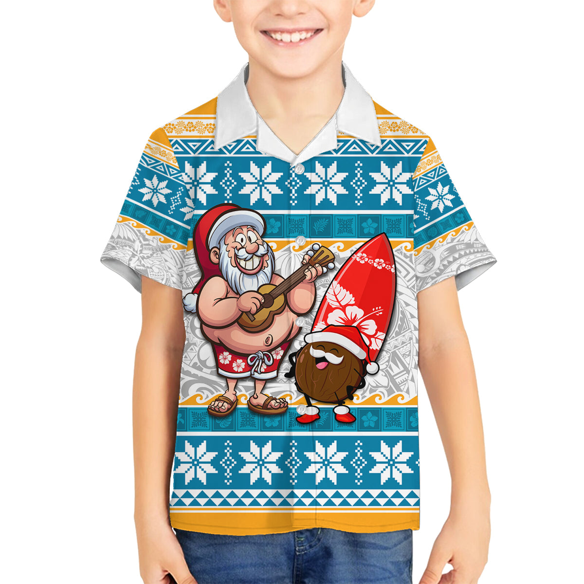 Custom Hawaii Mele Kalikimaka Family Matching Off Shoulder Maxi Dress and Hawaiian Shirt Funny Santa and Coconut Mix Kakau Pattern LT03 Son's Shirt Blue - Polynesian Pride