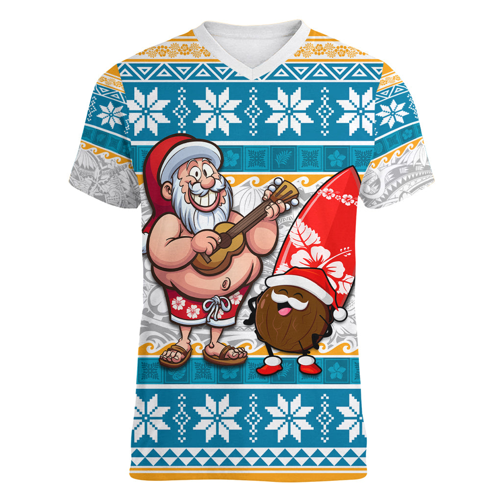 Custom Hawaii Mele Kalikimaka Women V Neck T Shirt Funny Santa and Coconut Mix Kakau Pattern LT03 Female Blue - Polynesian Pride