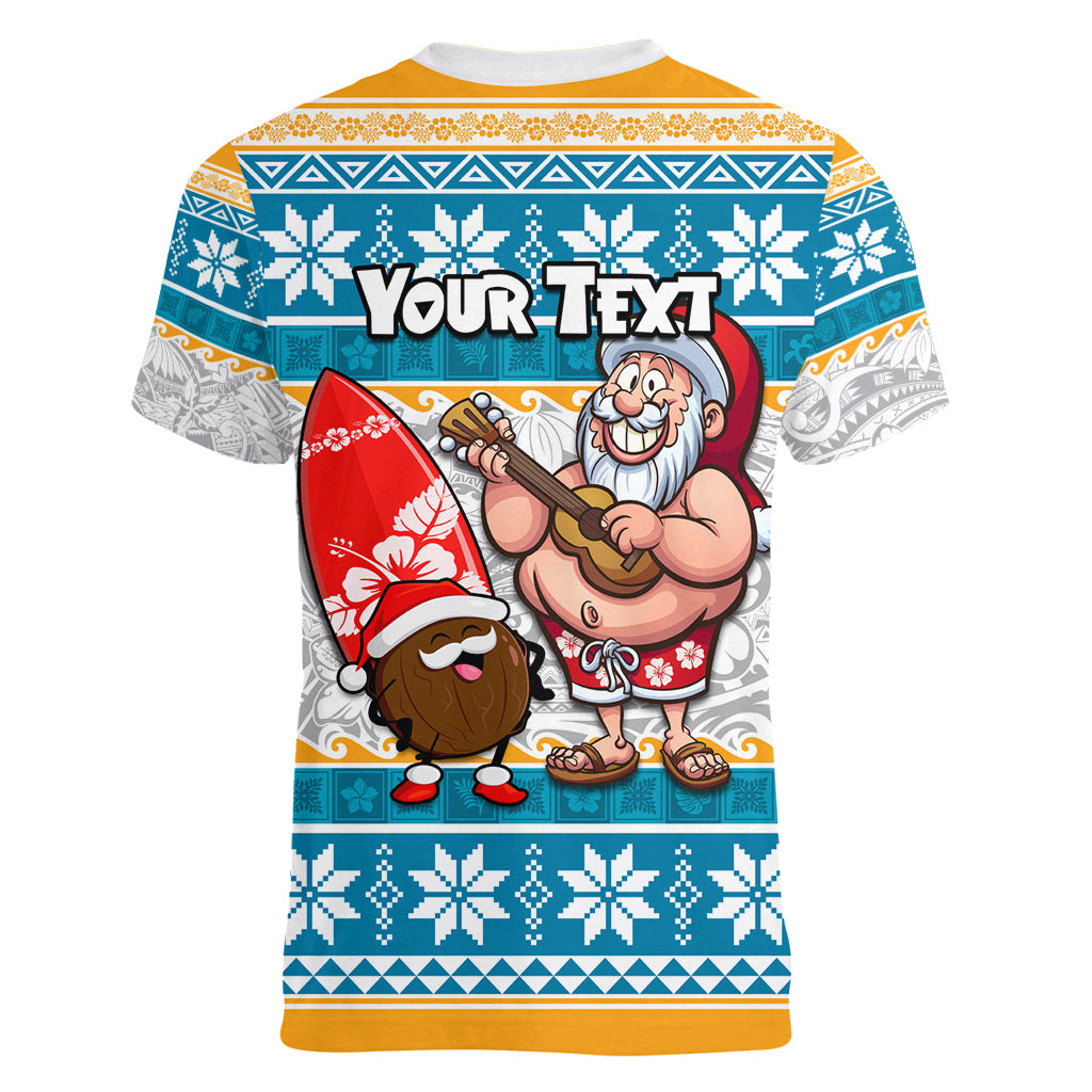 Custom Hawaii Mele Kalikimaka Women V Neck T Shirt Funny Santa and Coconut Mix Kakau Pattern LT03 - Polynesian Pride