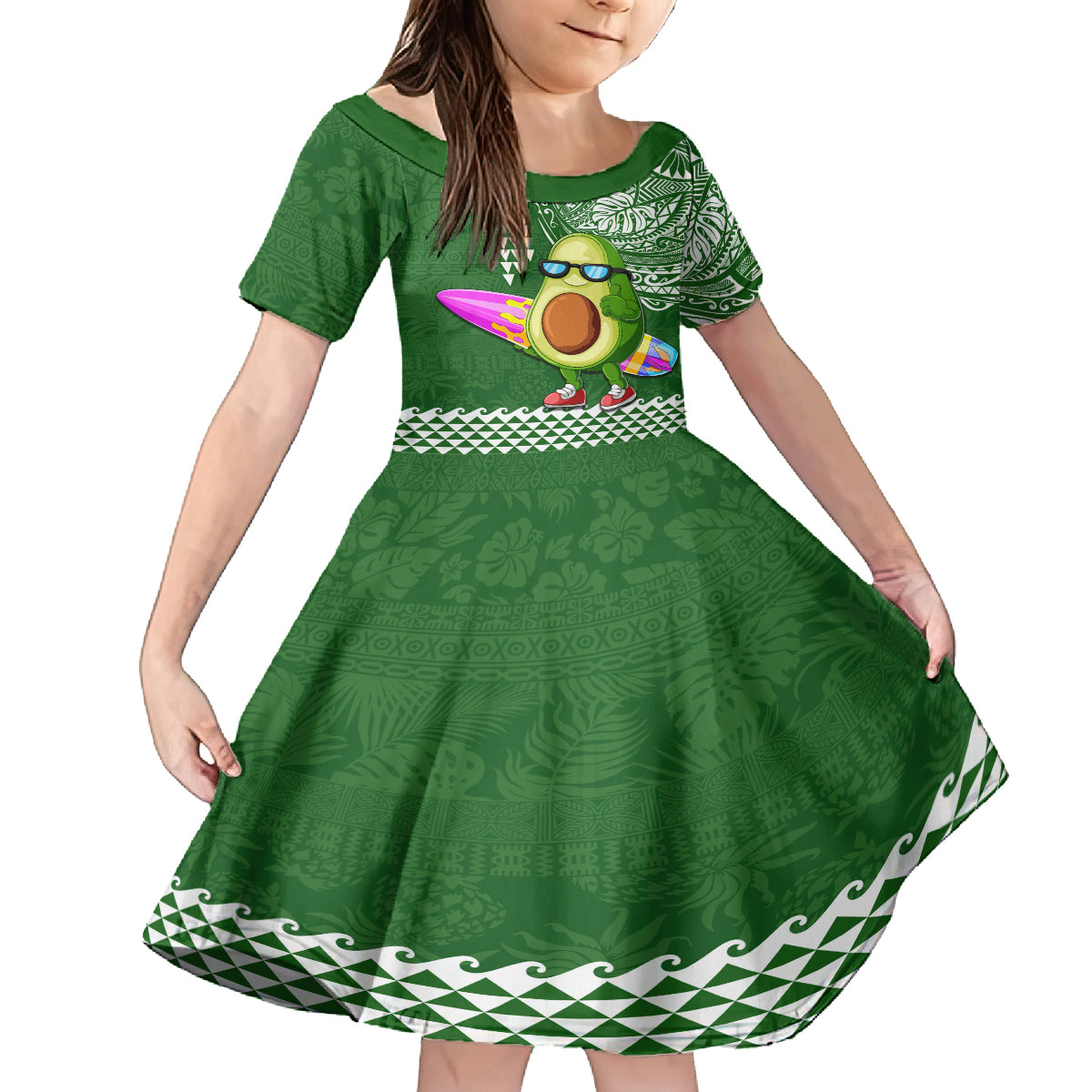 Hawaii Family Matching Tank Maxi Dress and Hawaiian Shirt Aloha Funny Avocado Mix Kakau Hawaiian Tribal LT03 Daughter's Dress Green - Polynesian Pride