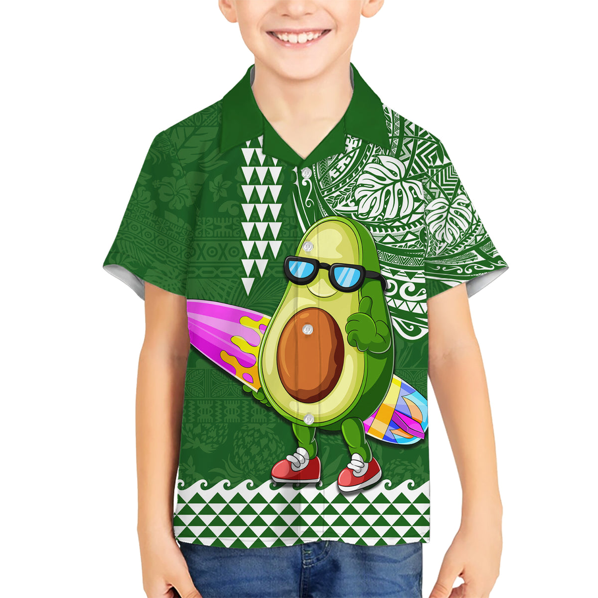 Hawaii Kid Hawaiian Shirt Aloha Funny Avocado Mix Kakau Hawaiian Tribal LT03 Kid Green - Polynesian Pride