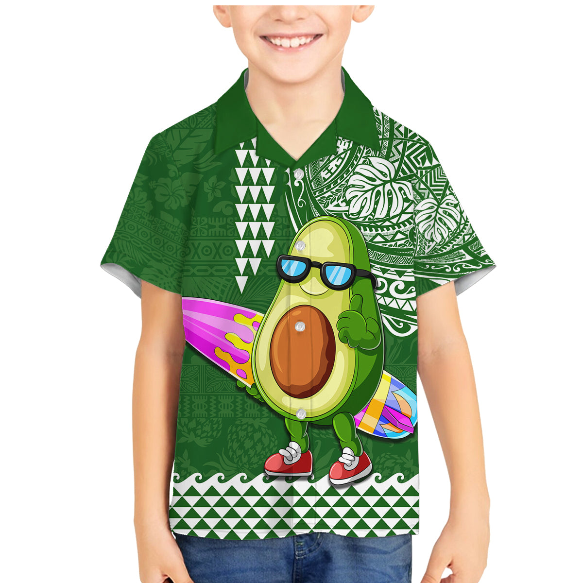 Aloha Avocado Funny Fruits Custom Family Matching Mermaid Dress and Hawaiian Shirt Mix Hawaiian Kakau Tribal LT03 Son's Shirt Green - Polynesian Pride