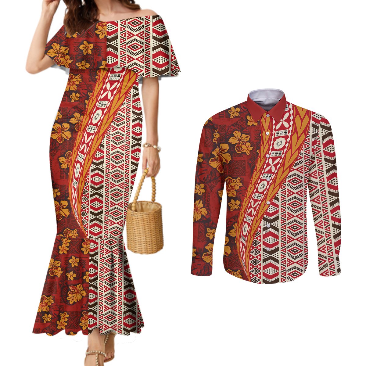 Hawaii Native Tapa Elements and Hibiscus Flowers Couples Matching Mermaid Dress and Long Sleeve Button Shirt LT03 Red - Polynesian Pride