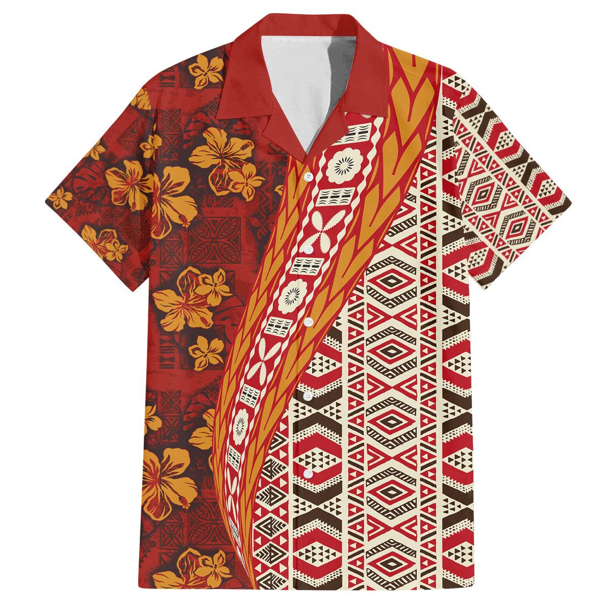 Hawaii Native Tapa Elements and Hibiscus Flowers Family Matching Tank Maxi Dress and Hawaiian Shirt LT03 Dad's Shirt - Short Sleeve Red - Polynesian Pride
