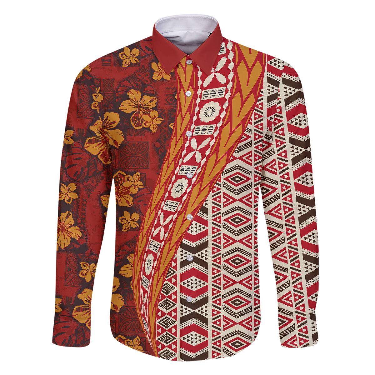 Hawaii Native Tapa Elements and Hibiscus Flowers Family Matching Tank Maxi Dress and Hawaiian Shirt LT03 Dad's Shirt - Long Sleeve Red - Polynesian Pride