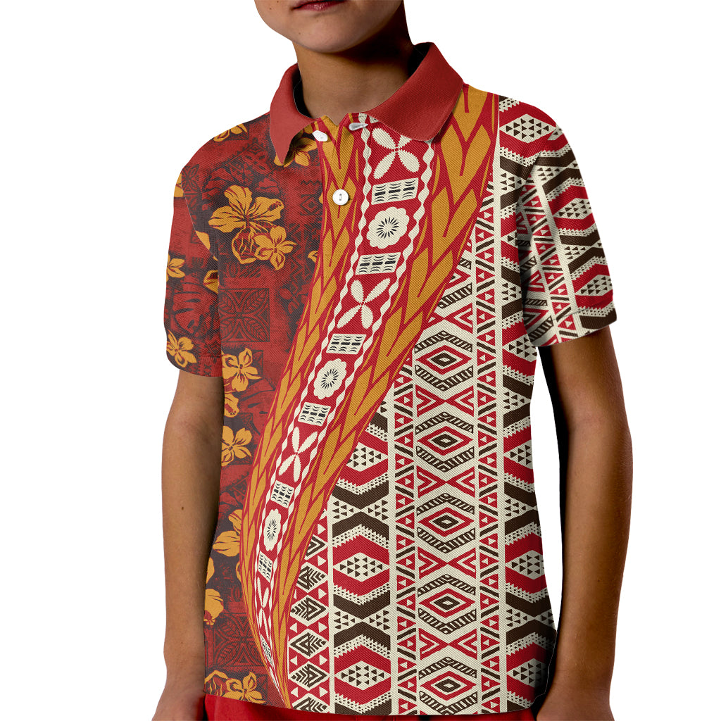 Hawaii Native Tapa Elements and Hibiscus Flowers Kid Polo Shirt LT03 Kid Red - Polynesian Pride